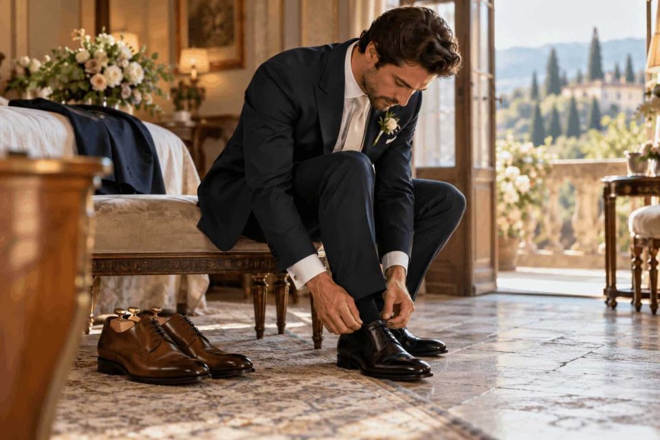 Homme élégant en costume ajustant ses chaussures de ville en cuir noir dans une chambre somptueuse.