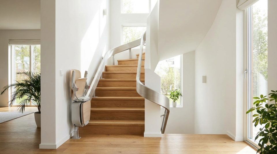 Monte-escalier moderne sur un escalier tournant, maison lumineuse