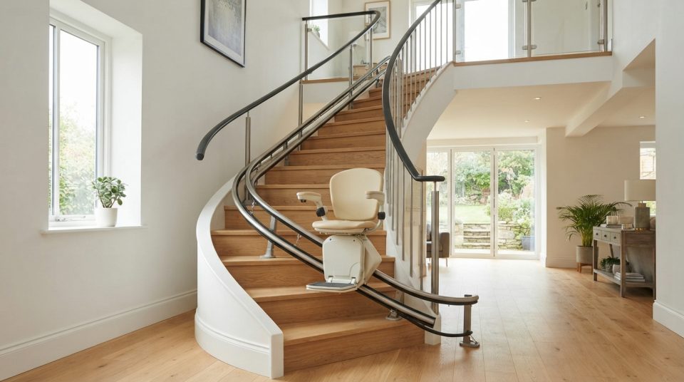 Monte-escalier moderne sur un escalier tournant, maison lumineuse